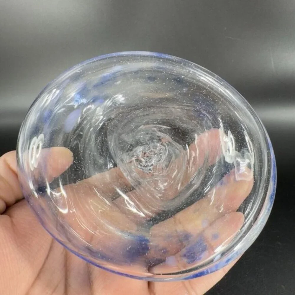 Vintage Hand Blown Art Glass Dish Bowl Clear With Blue Spots Hand Made Glass VTG
